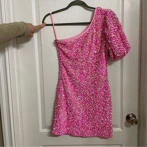 The Vintage Shop Pink One Shoulder Mini Sequins Formal Dress Homecoming
